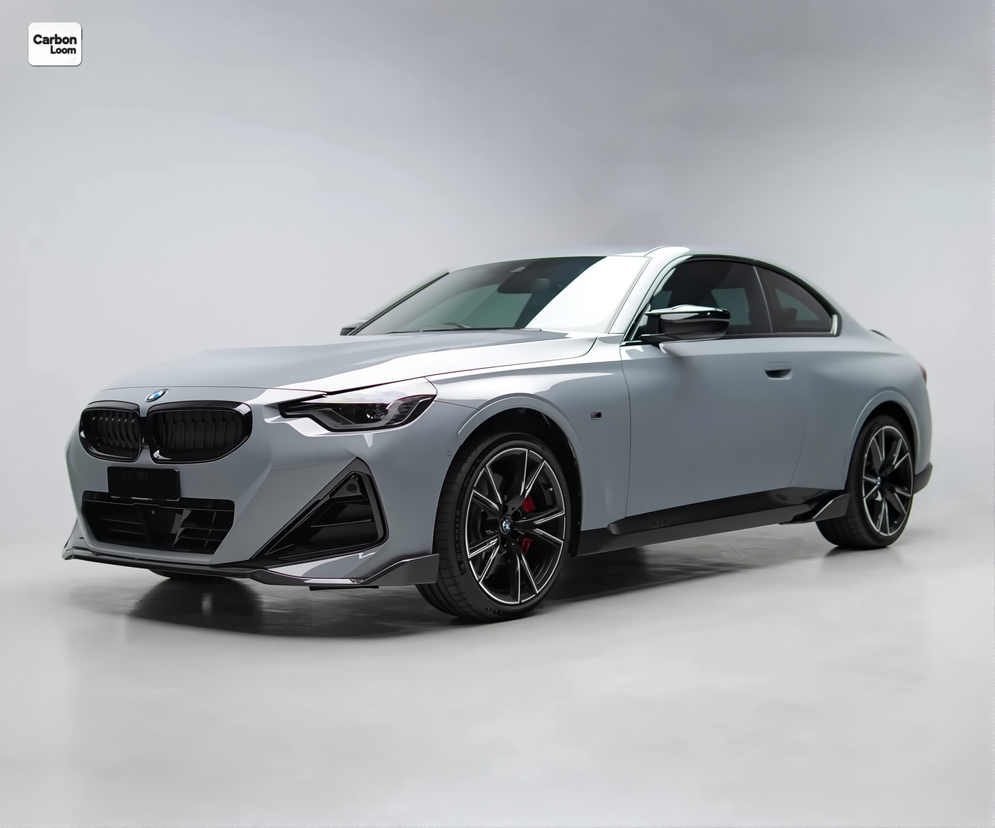 after market carbon fiber side skirts, M performance style on BMW 2 series G42, full view