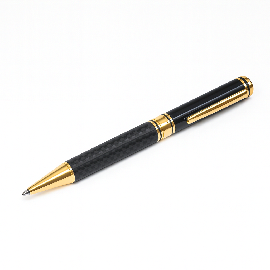 Luxury carbon fiber rollerball pen with with polished gold tip, premium desk accessory