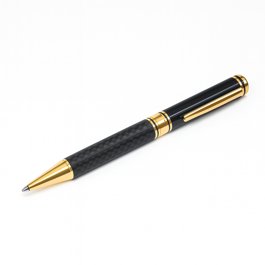 Luxury carbon fiber rollerball pen with with polished gold tip, premium desk accessory