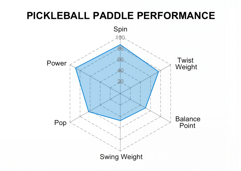 Pickleball Paddle Performance Chart for CL Vector Flow. Ratings (out of 10): Spin: 10/10, Control: 9/10, Power: 8/10, Sweet Spot: 10/10. High twist weight stability.