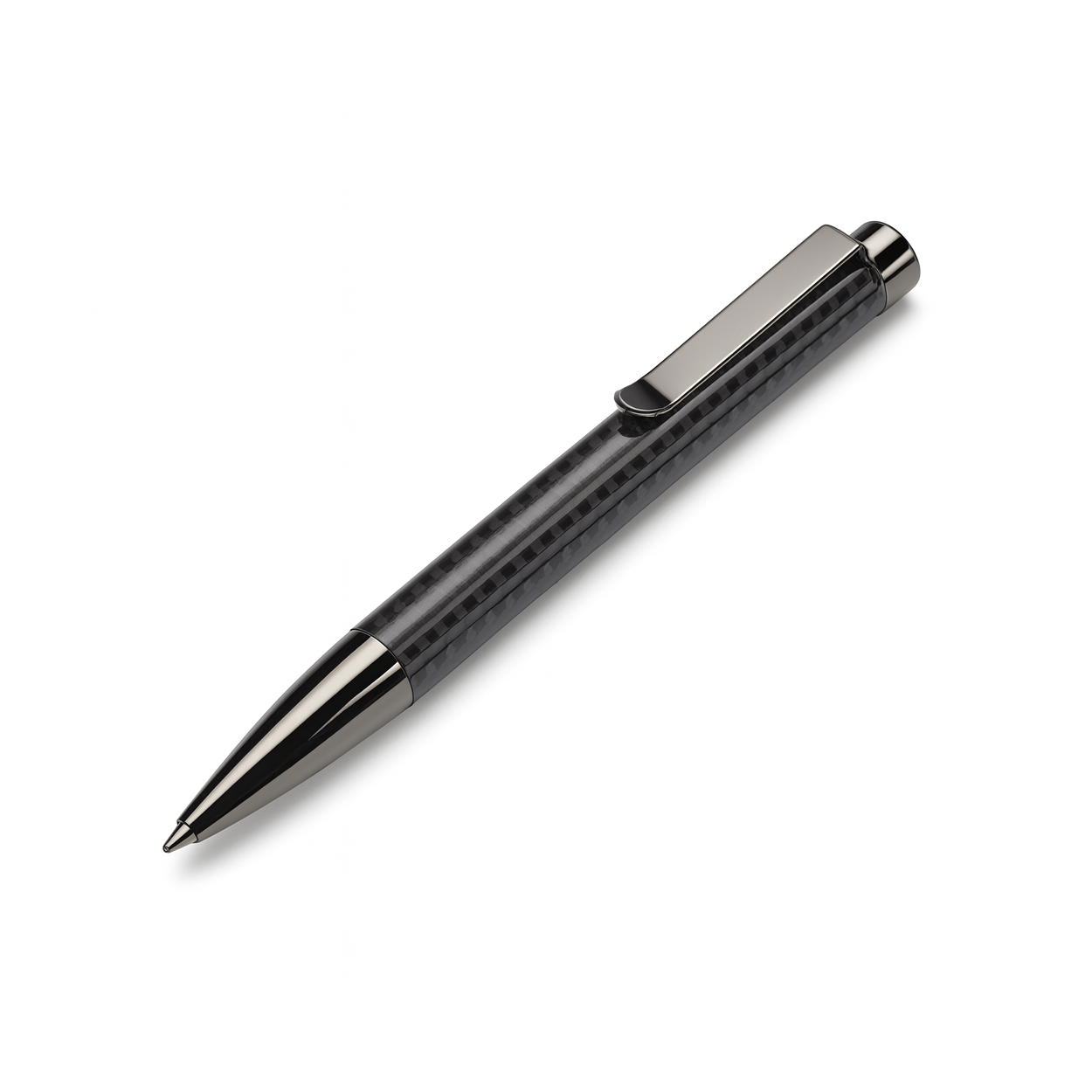 Real carbon fiber rollerball pen with polished silver clip and tip, luxury desk accessory.