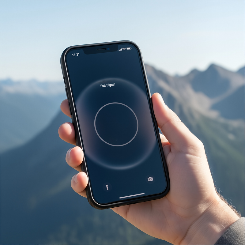 Hand holding a full signal smartphone with a mountainous landscape in the background