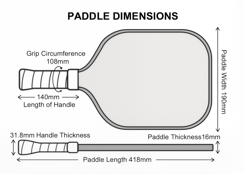 Paddle Dimensions: 16mm Core Thickness (Control focused). elongated handle length for two-handed backhands. Wide-body shape for forgiving sweet spot.