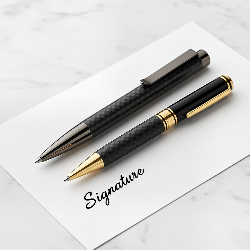 Two black and gold pens on a white marble surface with 'Signature' text.