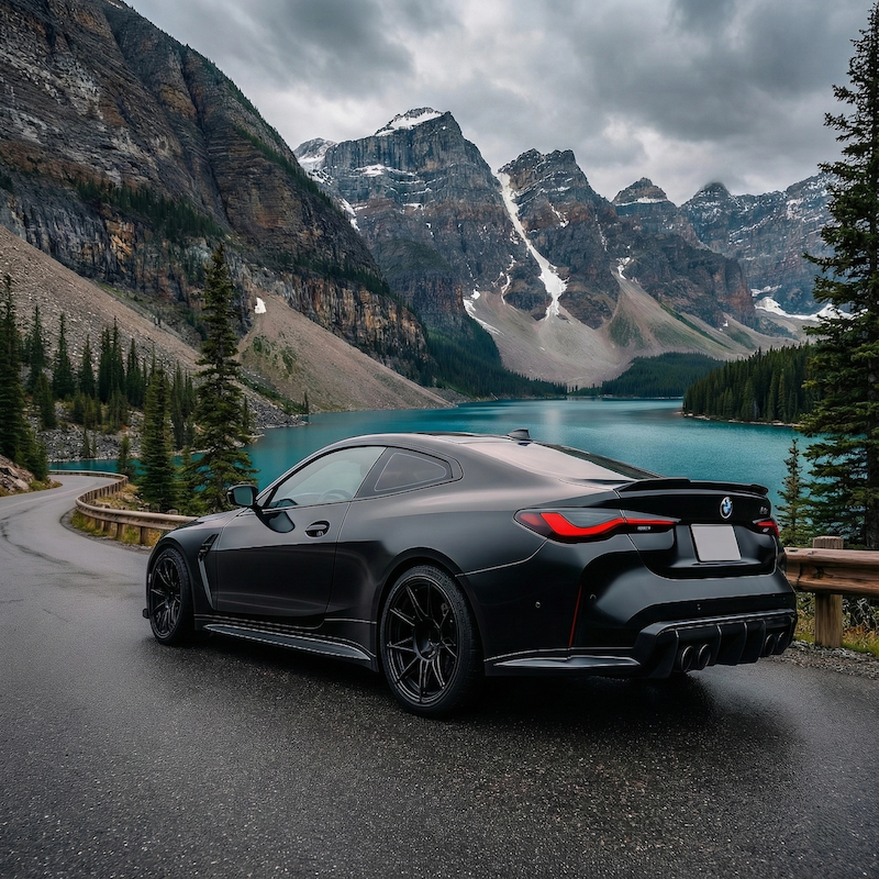 Black sports car modified with carbon fiber body kits on a mountain road with a lake and mountains in the background