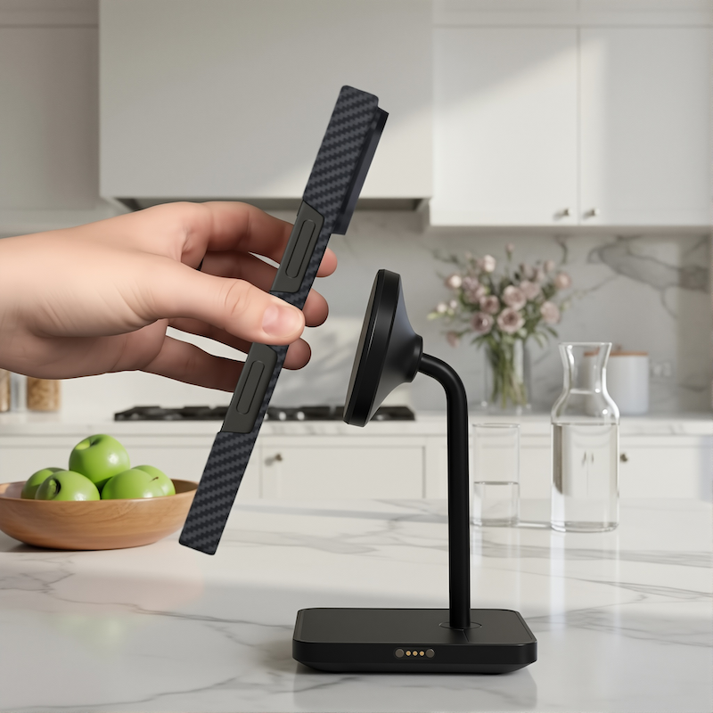 Person holding a black cellphone covered by a carbon fiber phone case over a stand in a kitchen setting