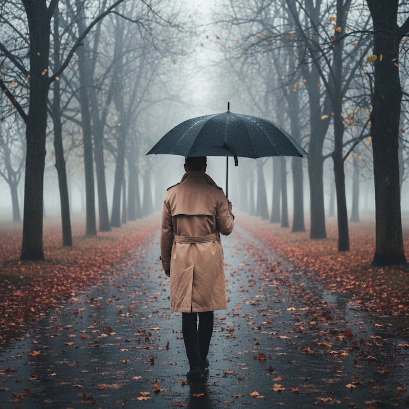 Person holding a premium carbon fiber umbrella walking down a foggy, tree-lined path with fallen leaves.