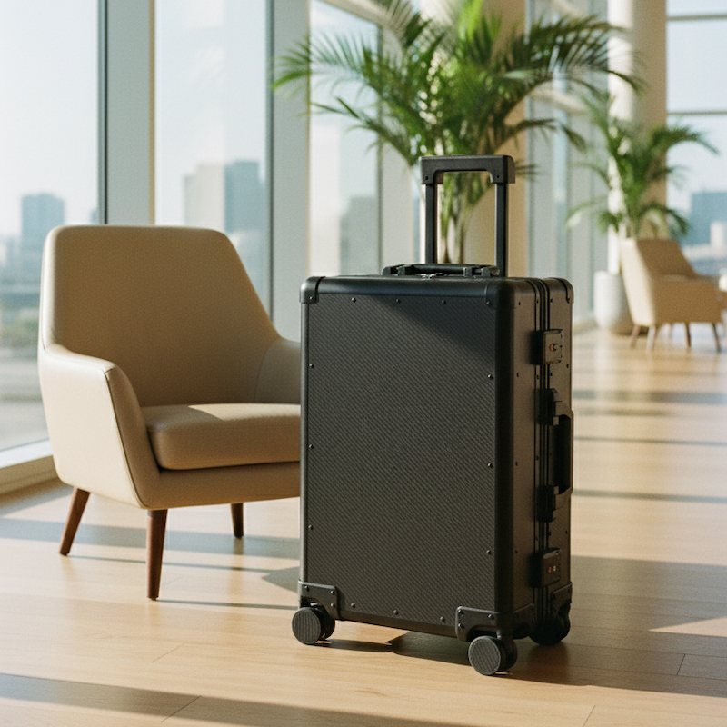 Black  carbon fiber suitcase on a wooden floor with a modern interior background
