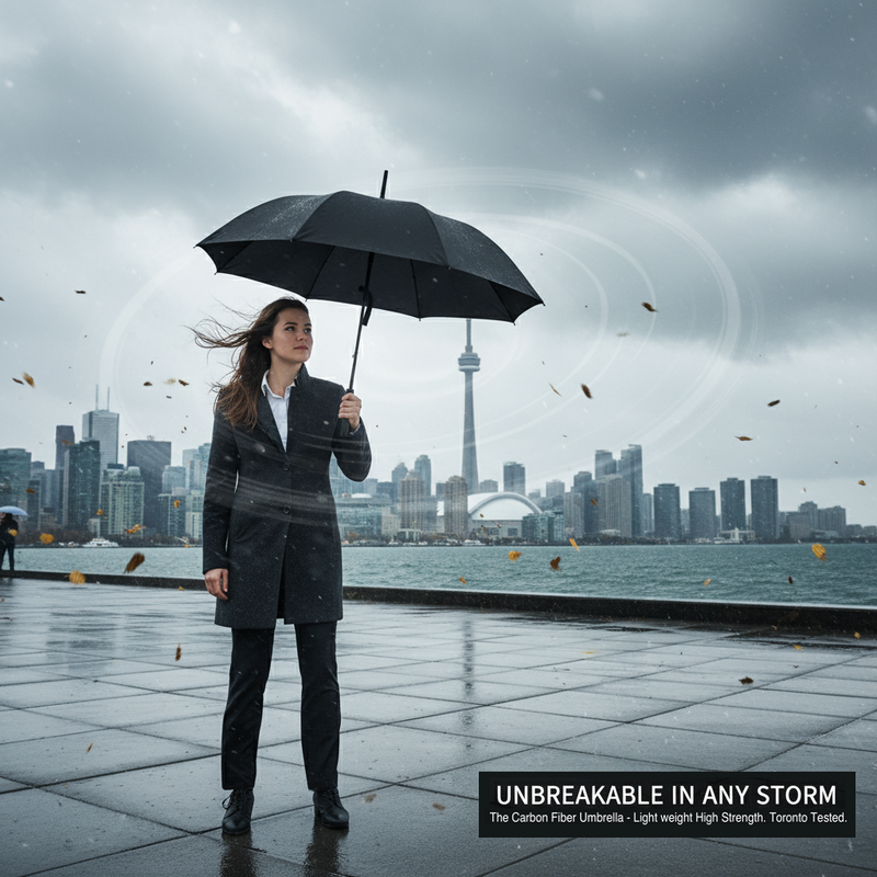 Person holding a premium carbon fiber umbrella in front of a city skyline with text about an unbreakable umbrella.