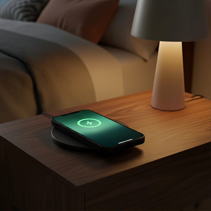 Smartphone on a wireless charger with a blurred background of a cozy living room.
